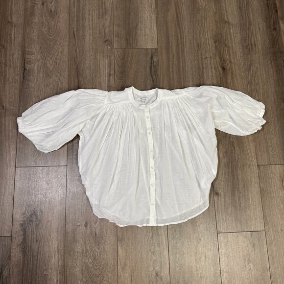 Madewell Shirred Balloon Sleeve Crewneck Button-Up Top Sz 2XS White Lightweight - Picture 4 of 8